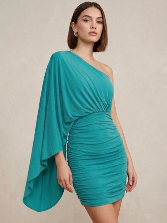BCBGMaxAzria Dresses & Skirts - Vintage Y2K BCBGMAXAZRIA Teal Asymmetrical Ruched Mini Dress One Cape Sleeve S